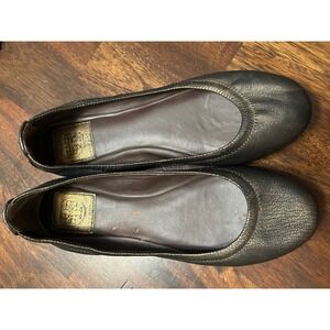 Tory Burch Reva Ballet Flats Black Gold Metallic Crackle Leather Logo Size 7.5M